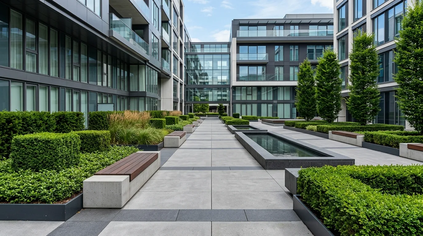 Contemporary courtyard with geometric paving, sleek benches, and structured shrubs.