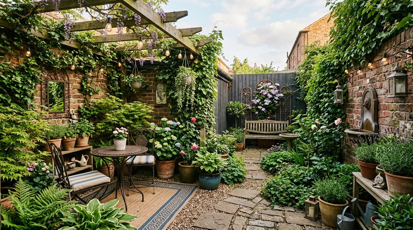Fully styled small courtyard garden with layered planting, seating, and lighting.