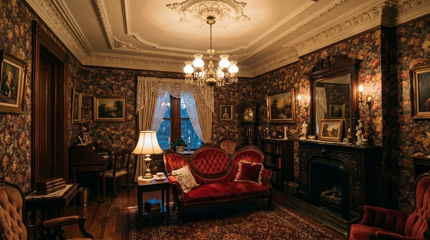 Small Victorian living room with ornate molding, velvet sofa, and floral wallpaper.