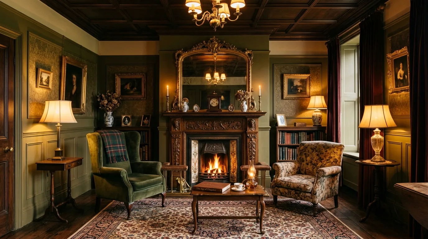 Cozy period living room with carved wooden fireplace, gilded mirror, and Persian rug.