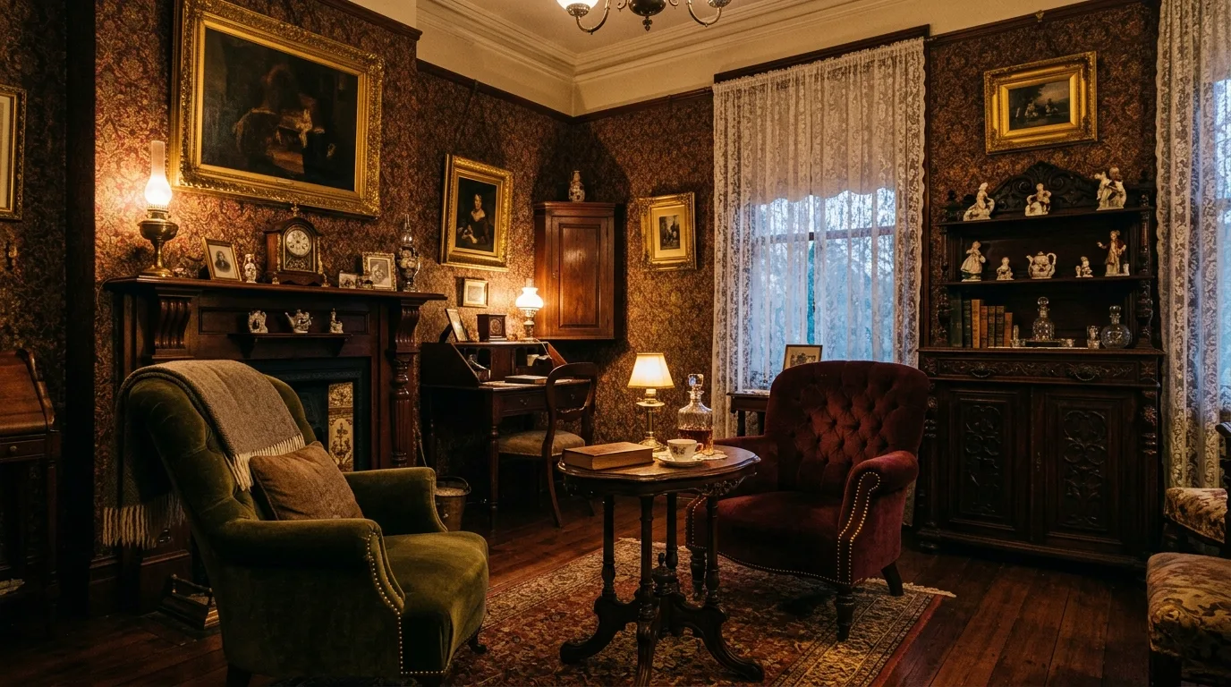 Compact Victorian parlor with lace curtains, tufted armchairs, and dark wood furniture.