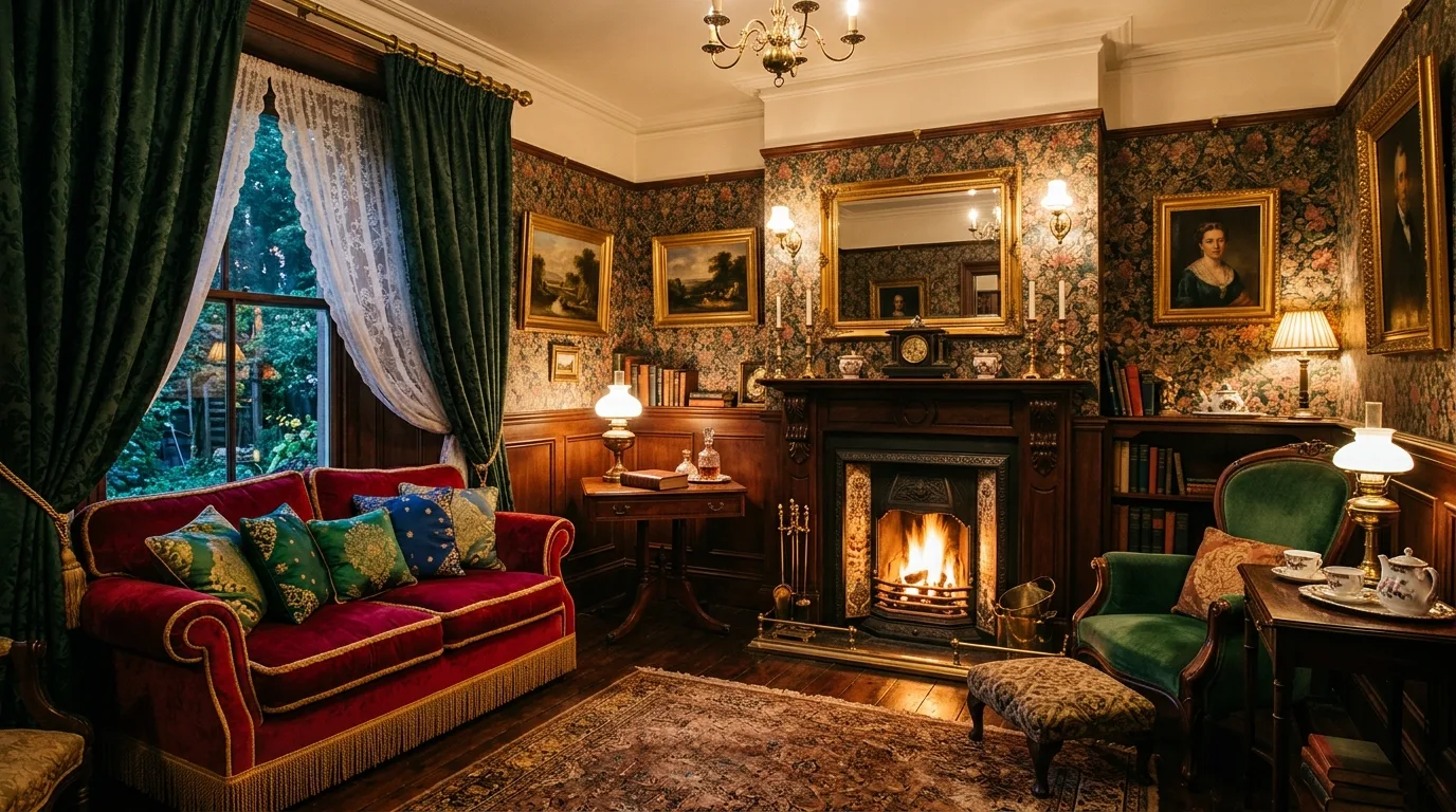 Small Victorian living room with jewel-toned upholstery, antique side tables, and brass accents.