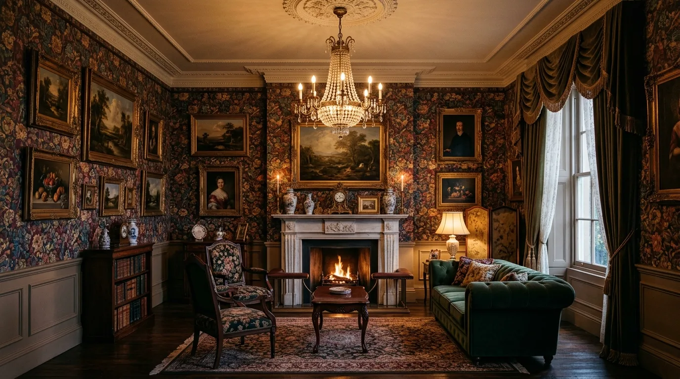 Victorian-inspired living room with floral wallpaper, oil paintings, and an ornate chandelier.
