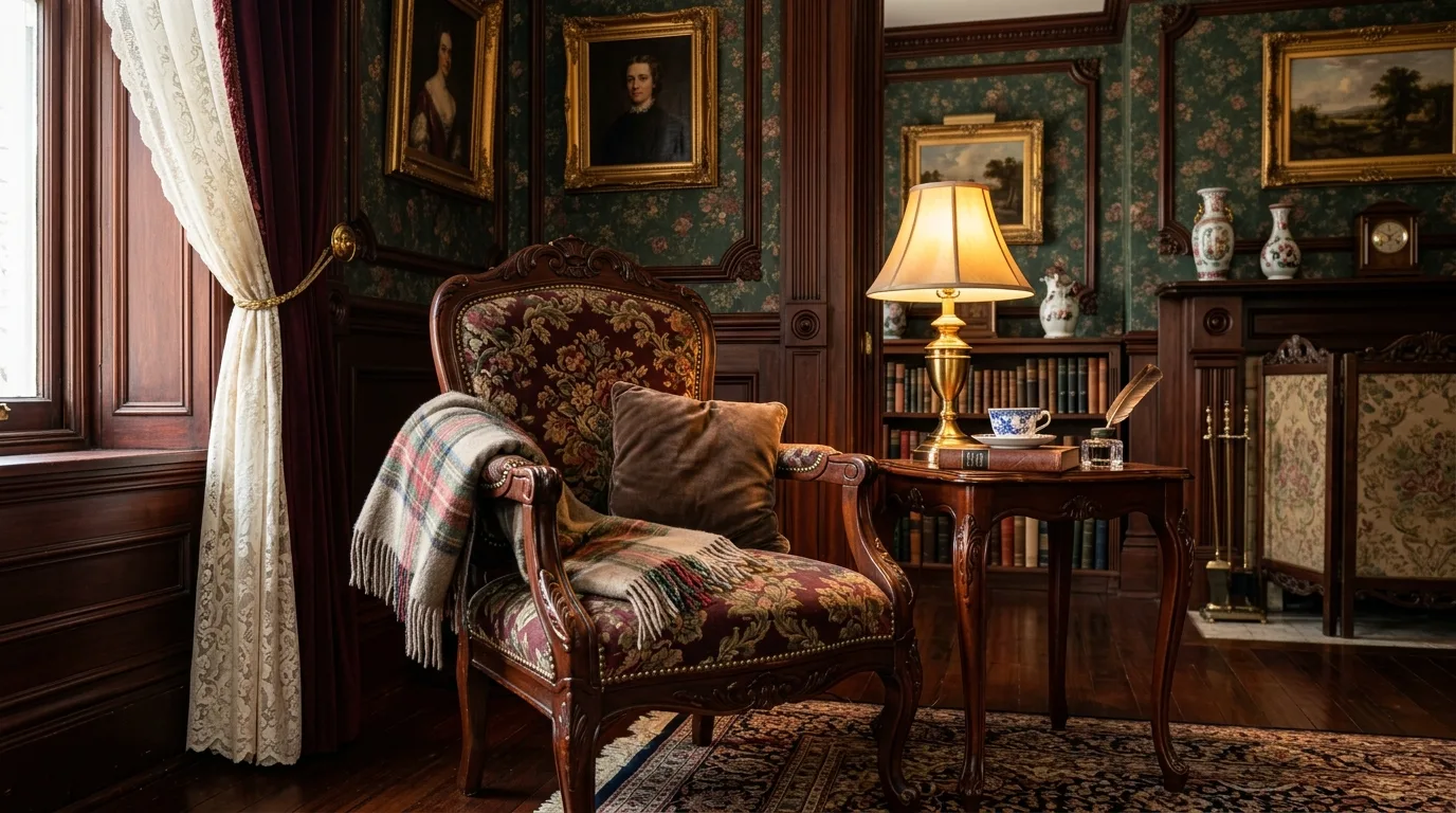 Small elegant Victorian parlor with mahogany furniture, decorative trim, and layered textiles.
