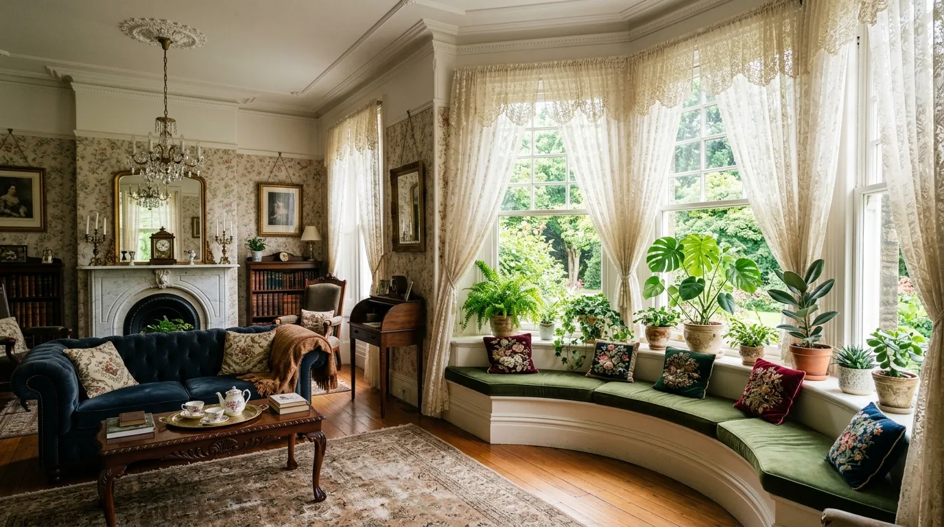 Victorian living room with bay window seating, lace drapes, and potted plants.