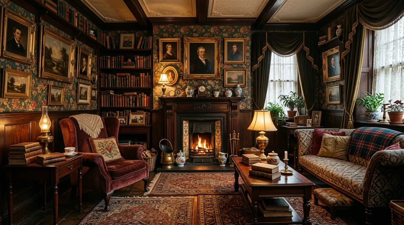 Small Victorian lounge with patterned rugs, vintage books, and framed portraits.