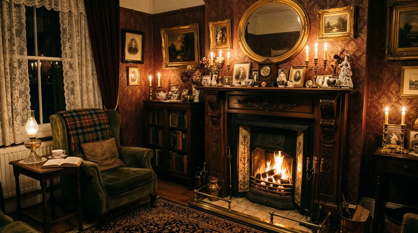 Compact Victorian room with fireplace mantel covered in ornate decor and antique frames.