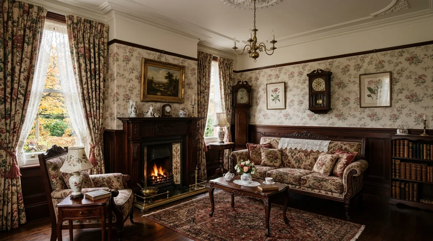 Small Victorian living room blending dark wood furniture with soft floral textiles.