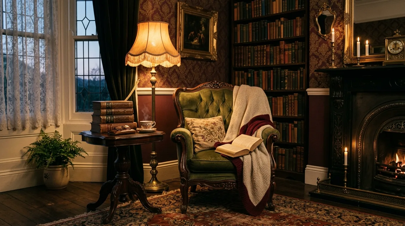 Victorian reading corner with antique armchair, floor lamp, and stacked books.
