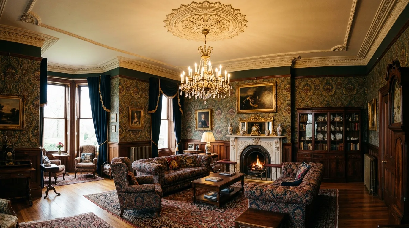 Traditional Victorian sitting room with ceiling medallion, chandelier, and classic upholstery.