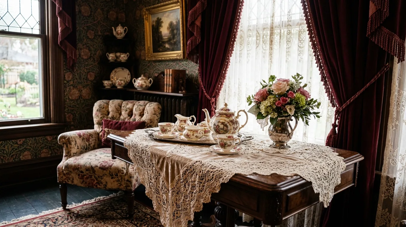 Romantic Victorian living room with lace details, antique ceramics, and elegant drapery.