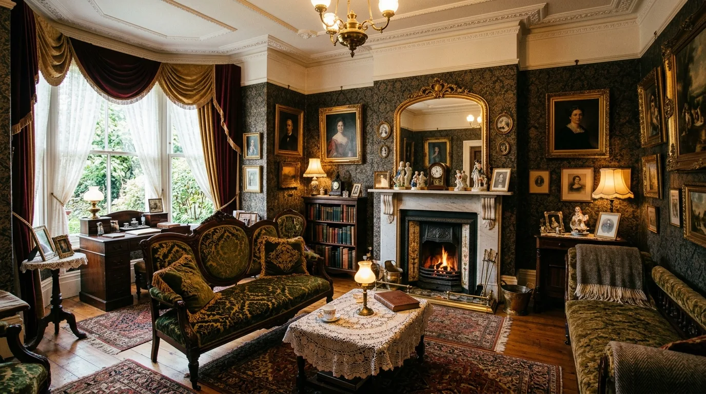 Small Victorian living room showcasing ornate details, layered textiles, and antique furniture.