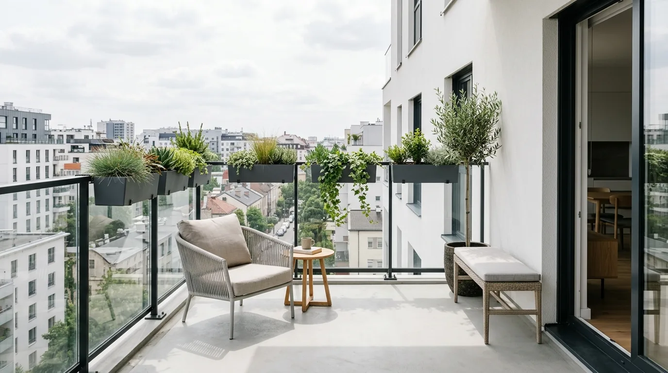 Minimalist balcony with sleek railing planters and neutral furniture.