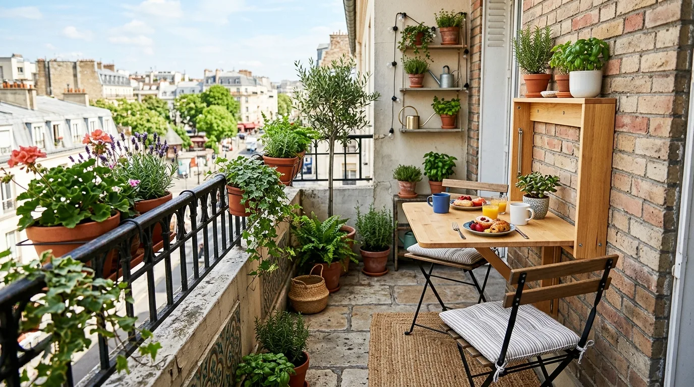 Small balcony with a fold-down wall table and space-saving layout.
