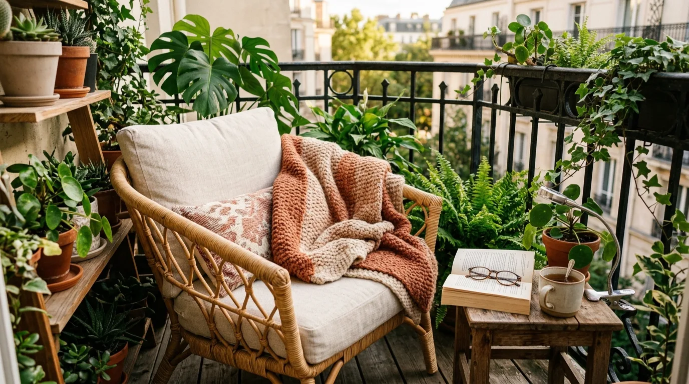 Compact balcony reading nook with lounge chair, side table, and plants.