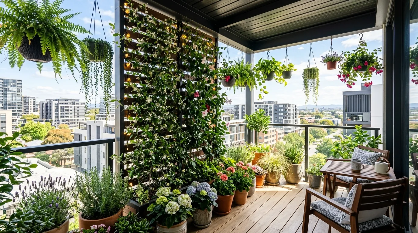 Modern balcony garden with vertical trellis and climbing plants.