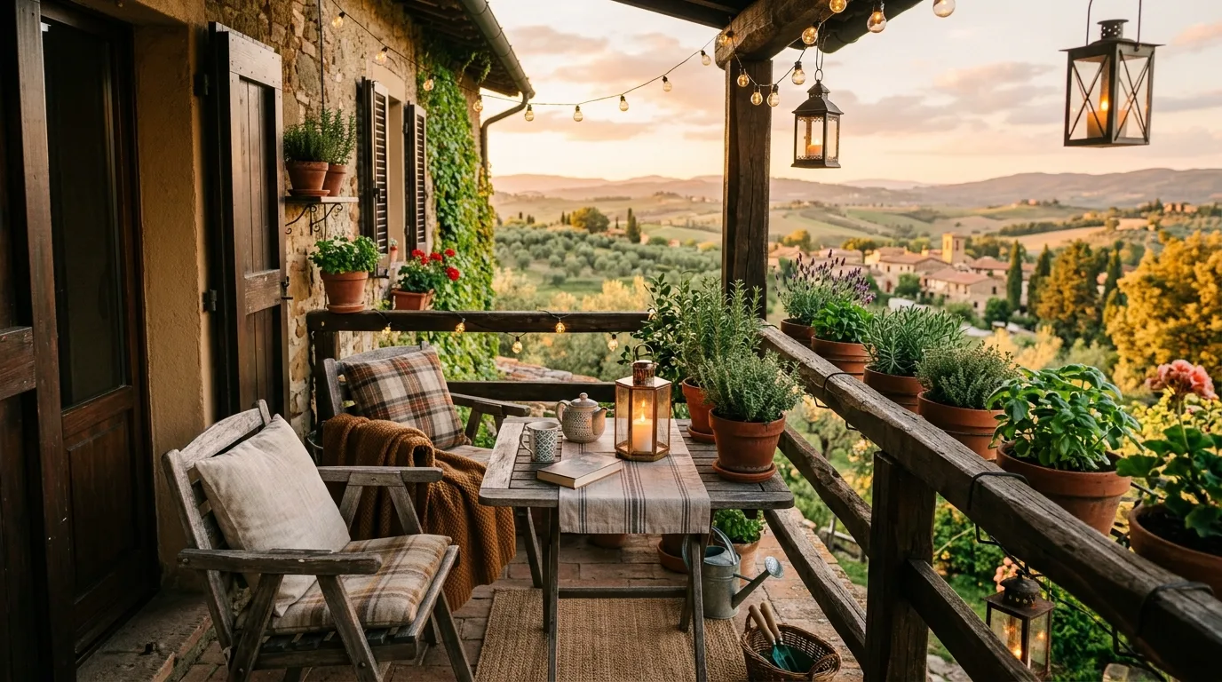 Rustic small balcony with wooden furniture, lanterns, and potted herbs.