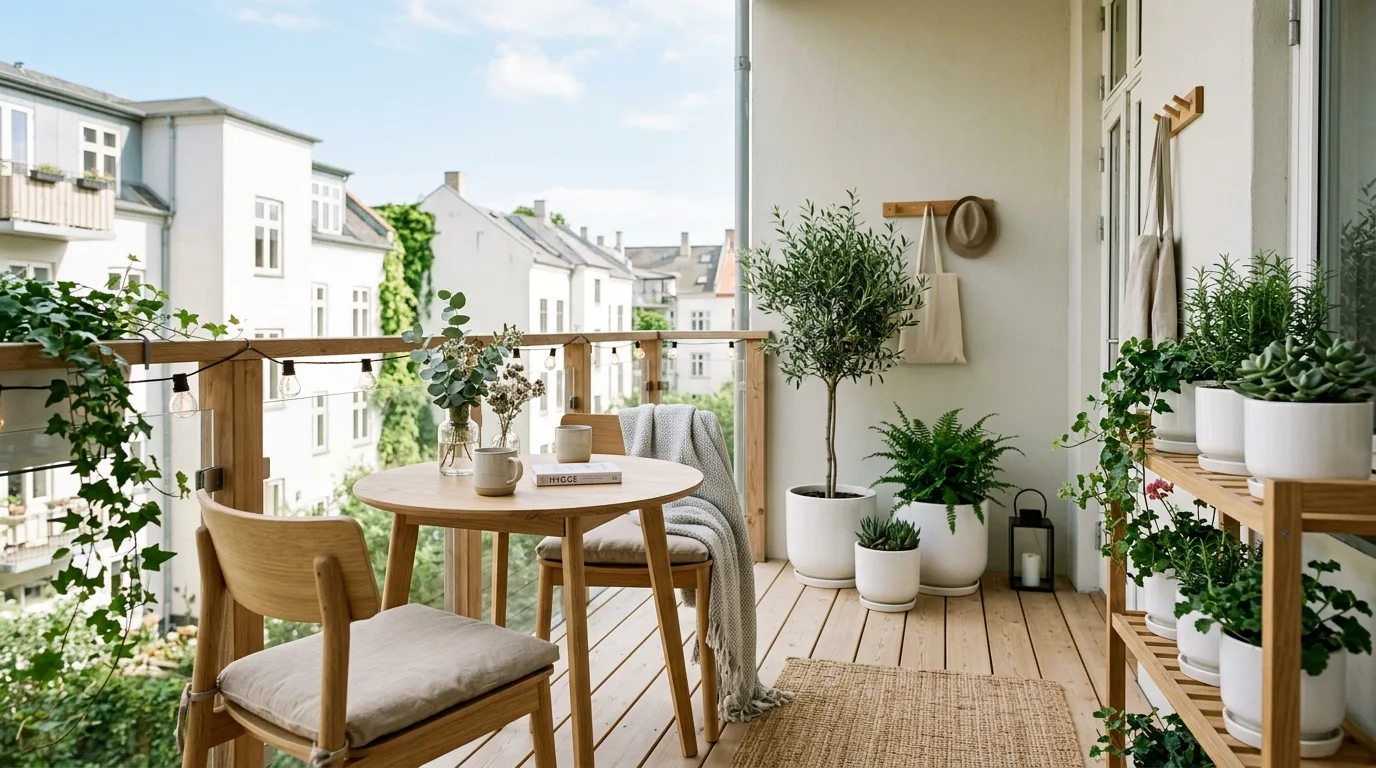 Scandinavian-style small balcony with light wood furniture and white planters.