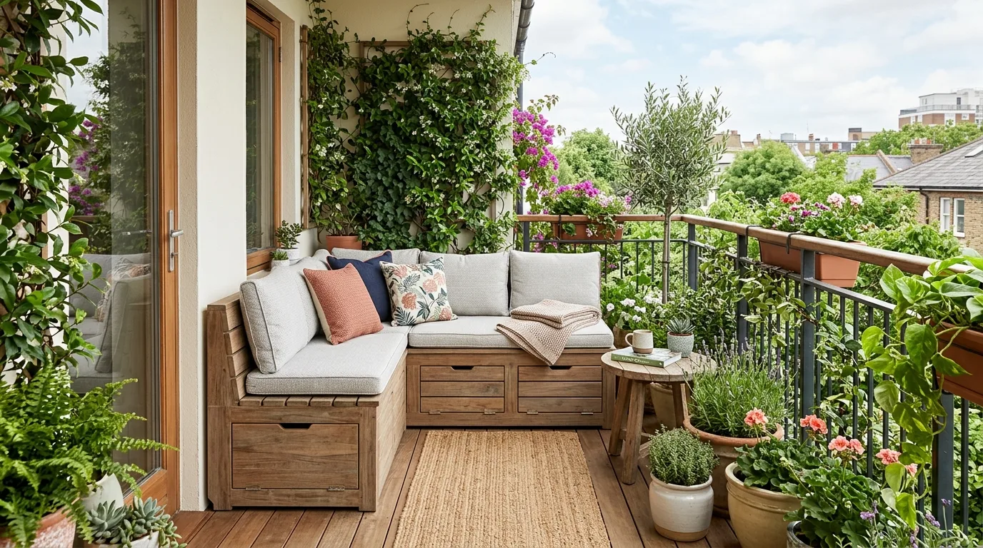 Balcony with built-in bench seating and hidden storage underneath.