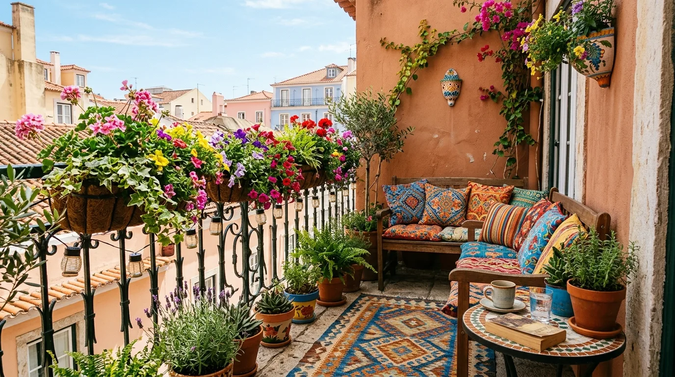 Colorful small balcony with vibrant cushions, rugs, and hanging flower baskets.