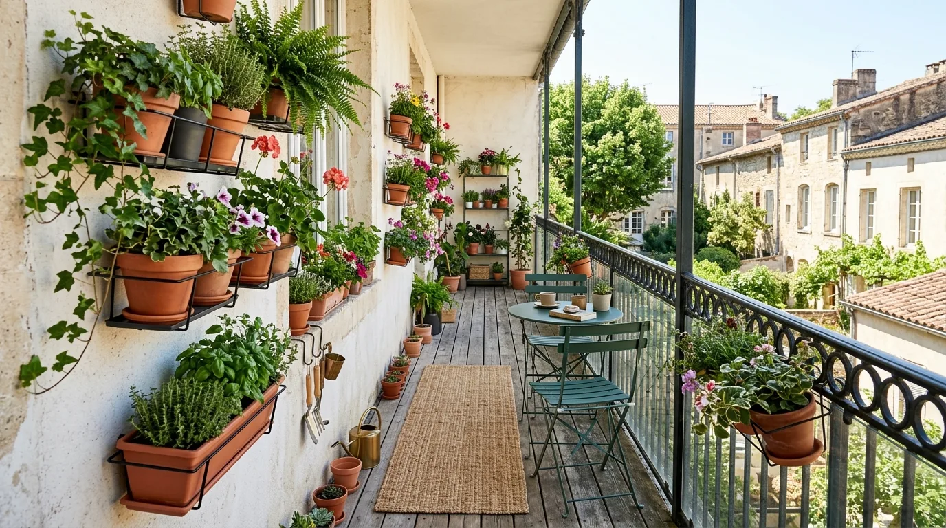 Narrow balcony walkway styled with wall-mounted planters and slim furniture.