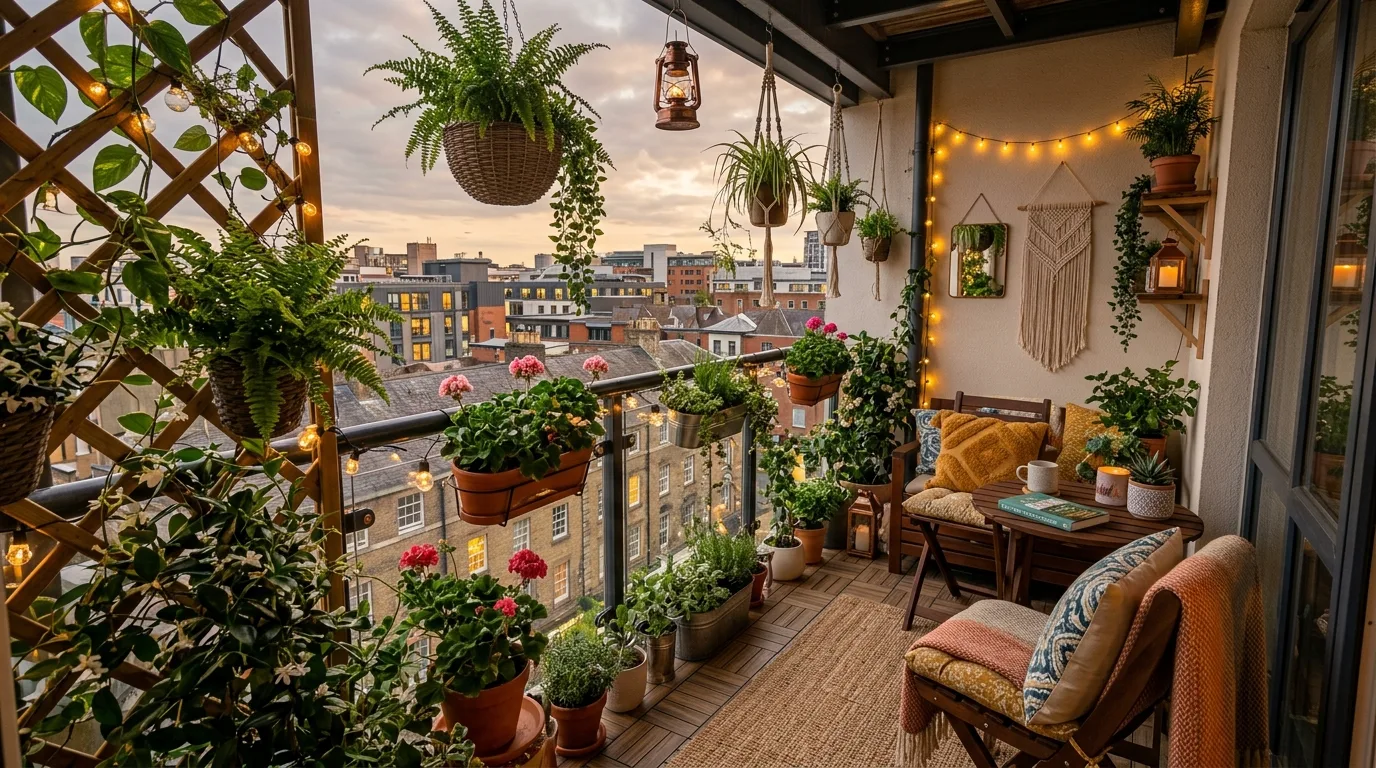 Fully styled tiny balcony oasis with layered plants, compact seating, lighting, and cozy decor.