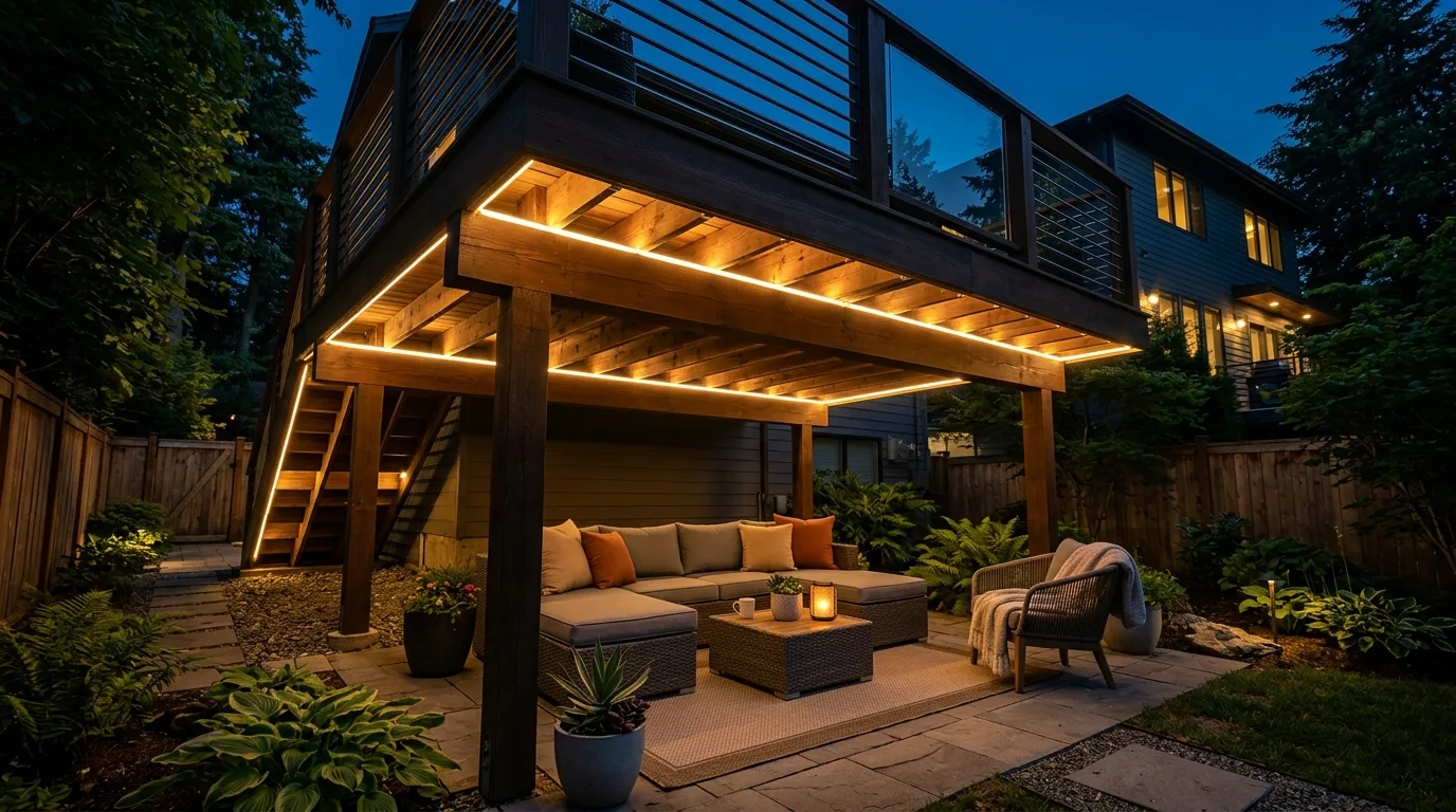 Raised deck with warm LED lighting illuminating a seating area below.