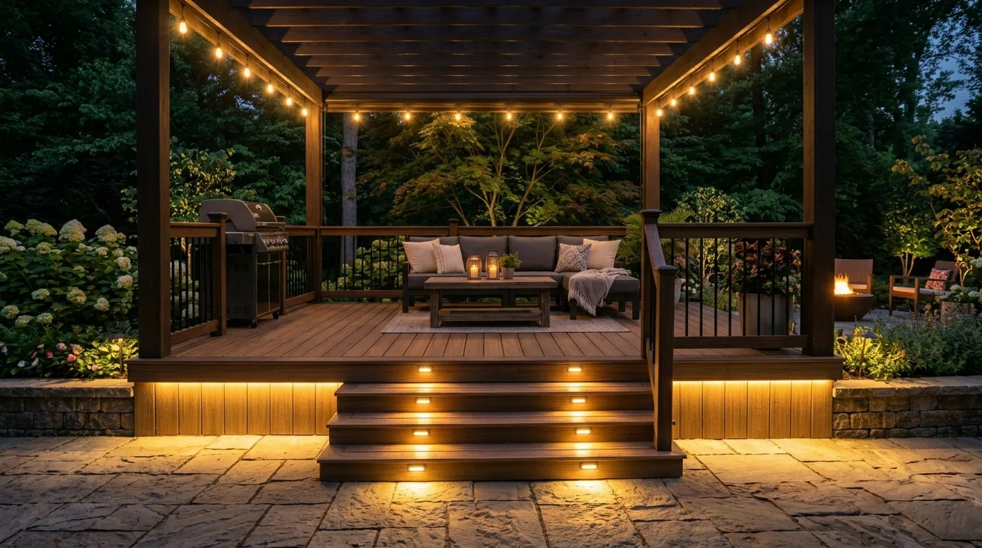 Under-deck patio with waterproof lighting creating a glowing outdoor lounge space.