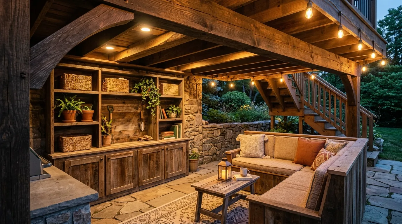 Rustic under-deck patio transformed into storage and seating with soft recessed lighting.