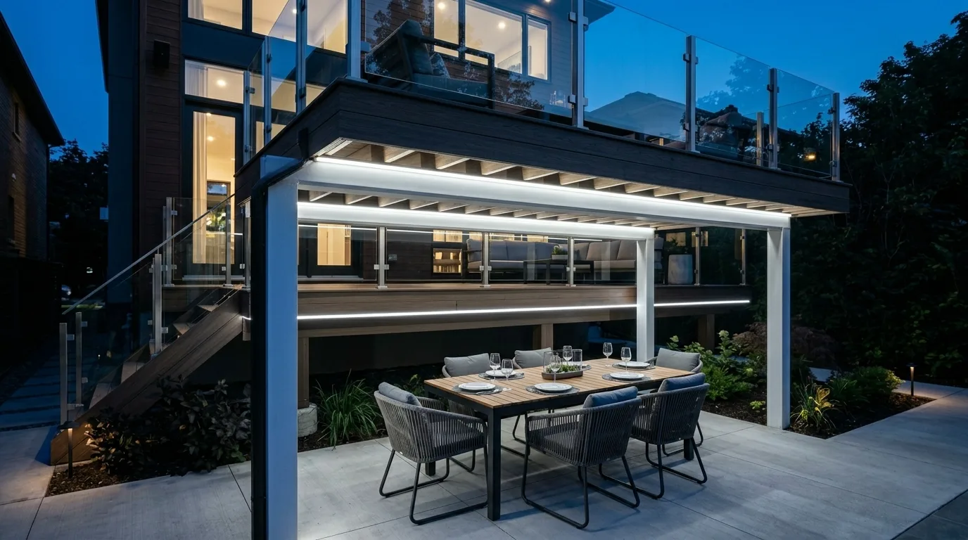 Deck with hidden under-structure LED lights highlighting a dining area below.
