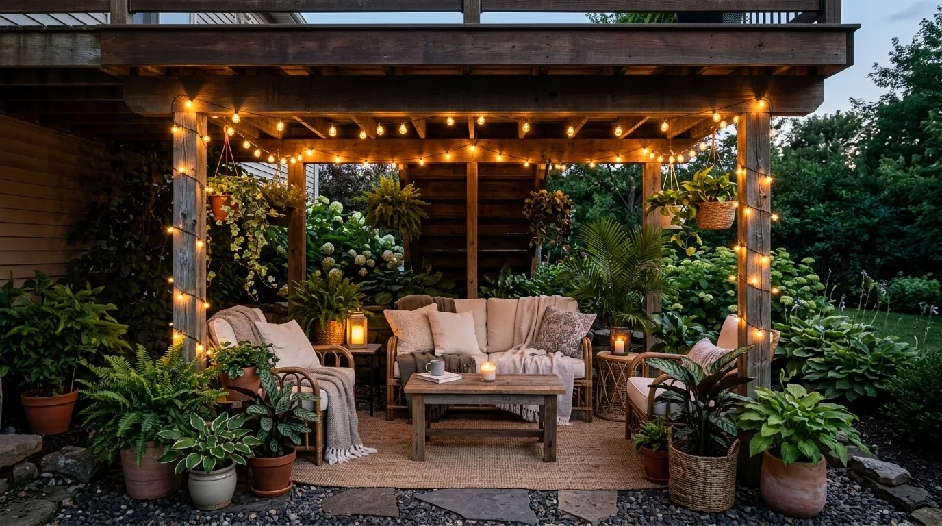 Garden under-deck space with string lights and potted plants creating a shaded relaxation nook.