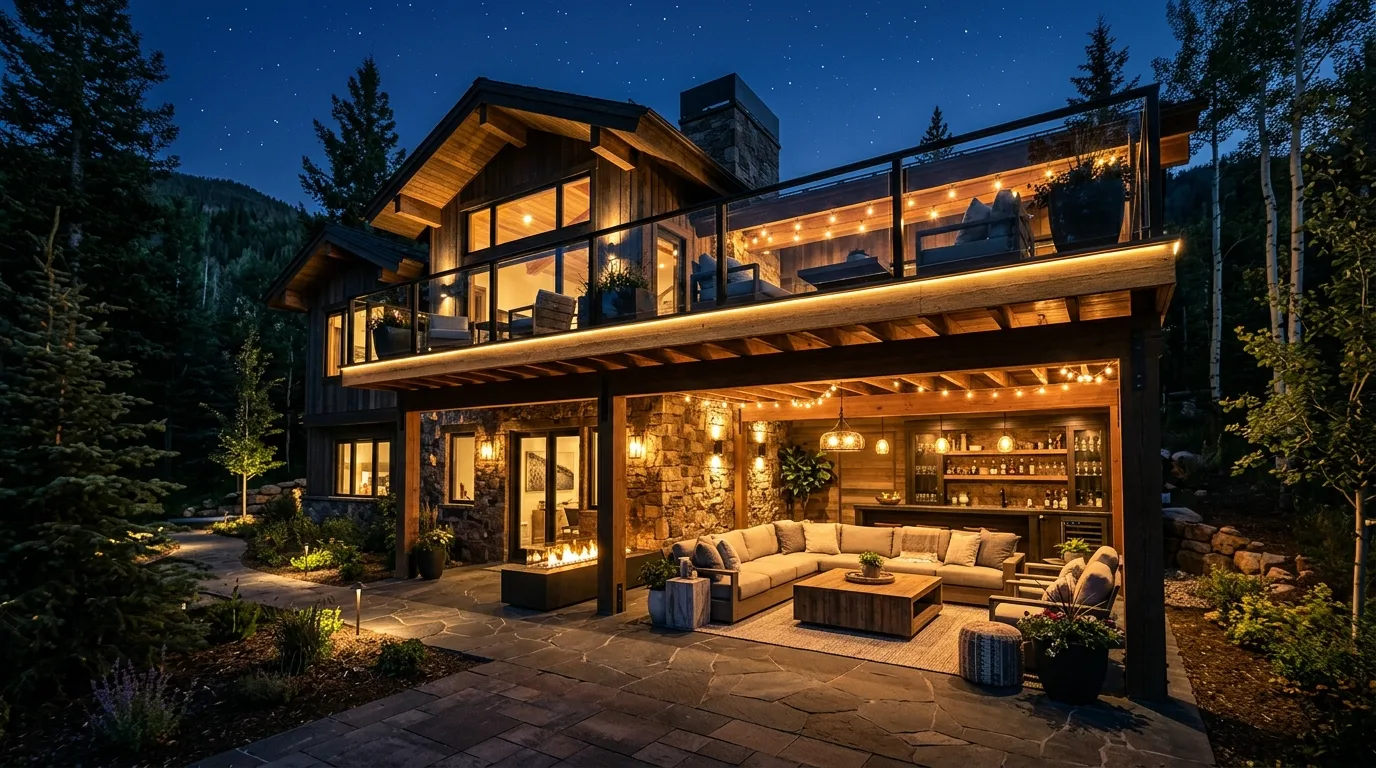 Luxury home with elevated deck and a finished under-deck outdoor living room.