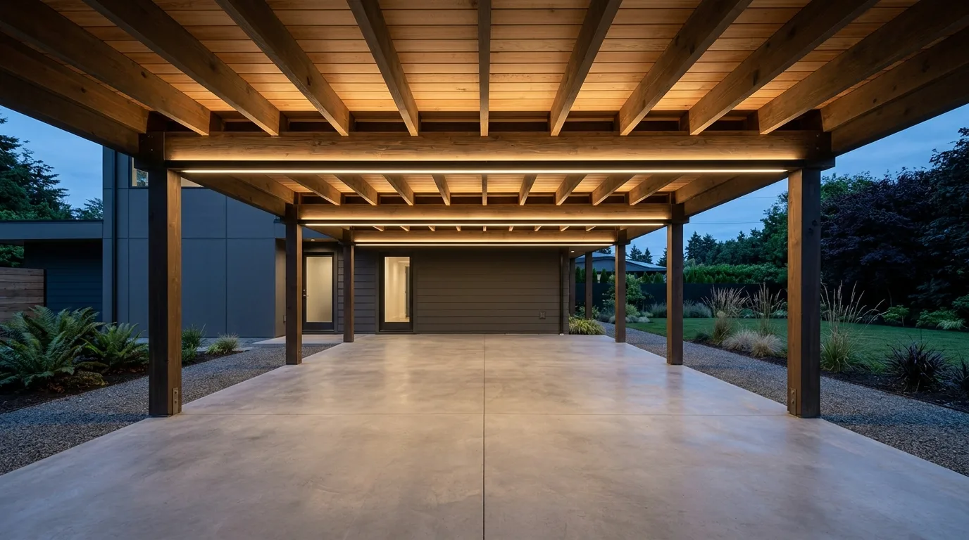 Minimalist under-deck area with concrete flooring and subtle strip lighting along beams.