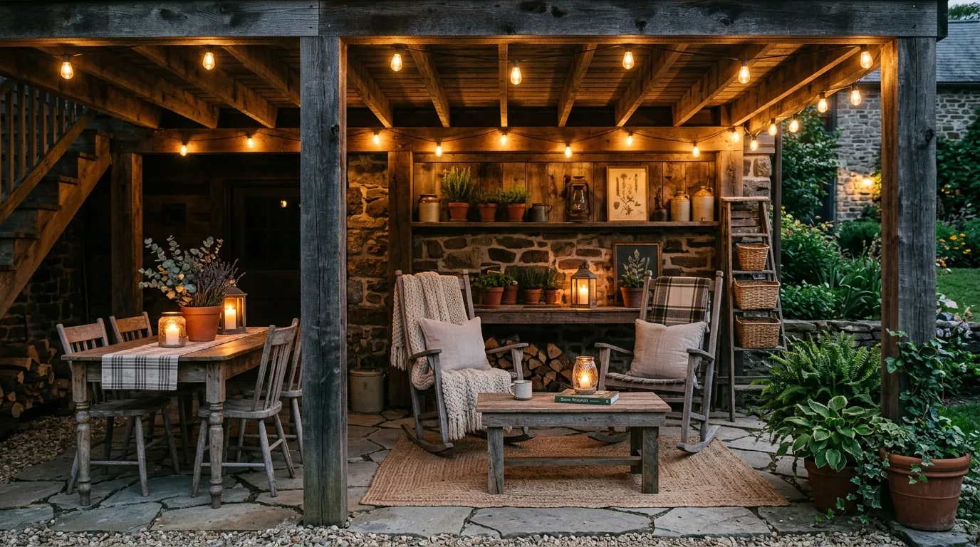 Farmhouse-style under-deck space with lantern lighting and rustic textures.