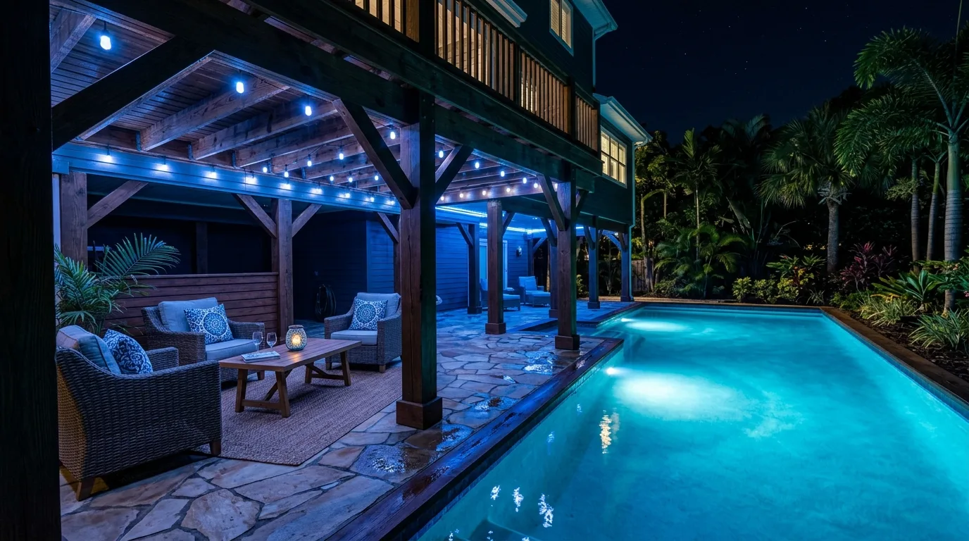 Pool-adjacent under-deck space with waterproof lighting reflecting on nearby water.