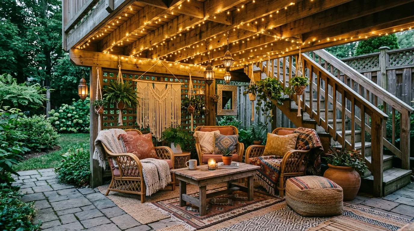 Boho-inspired under-deck lounge with woven chairs, fairy lights, and layered textiles.