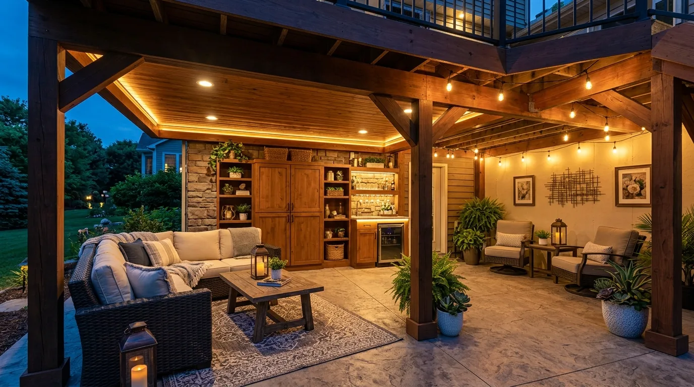Fully utilized under-deck space with seating, lighting, storage, and decor.
