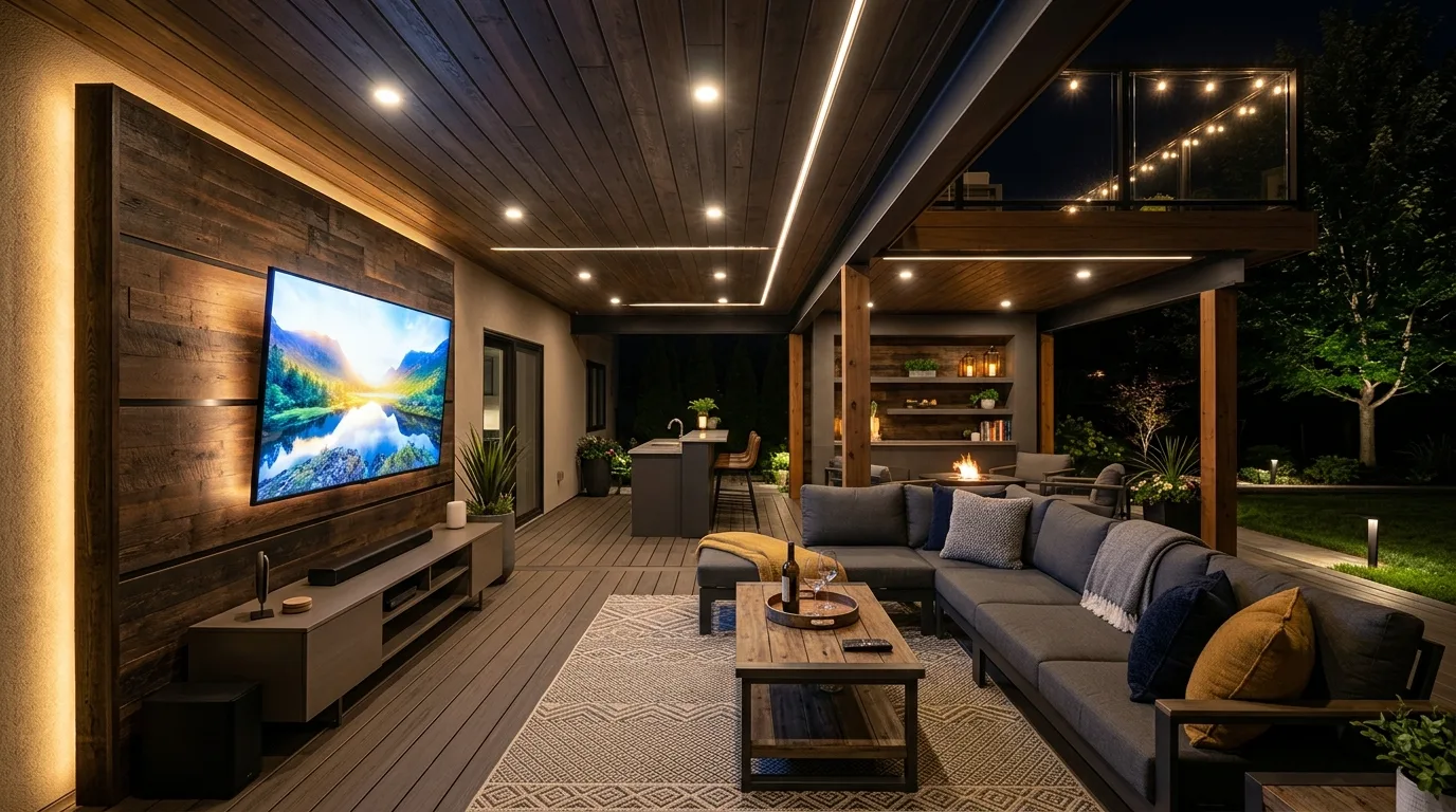 Modern under-deck entertainment area with TV wall and recessed lighting.