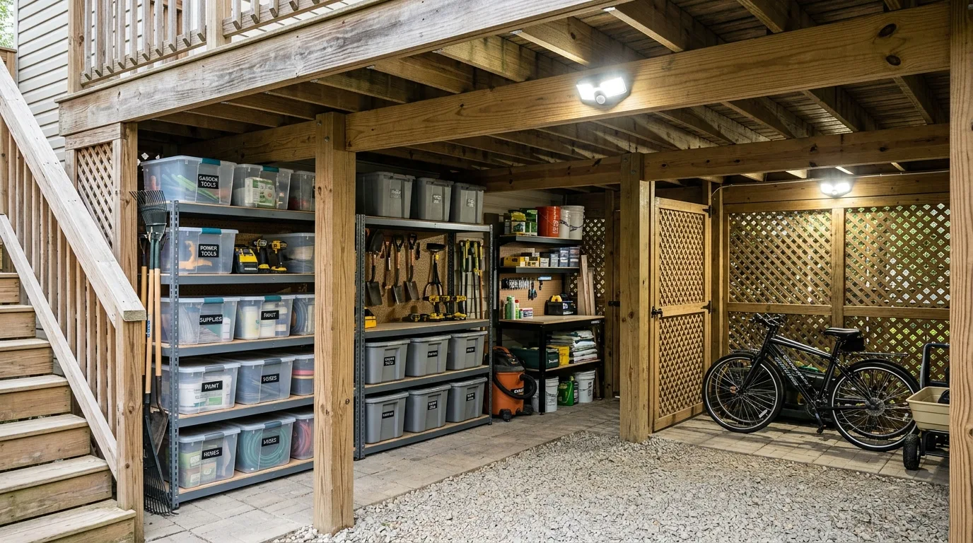 Under-deck storage area with organized shelving and motion-sensor lighting.
