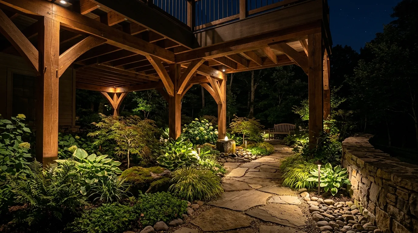 Landscaped under-deck garden space with soft uplighting on plants and structural beams.