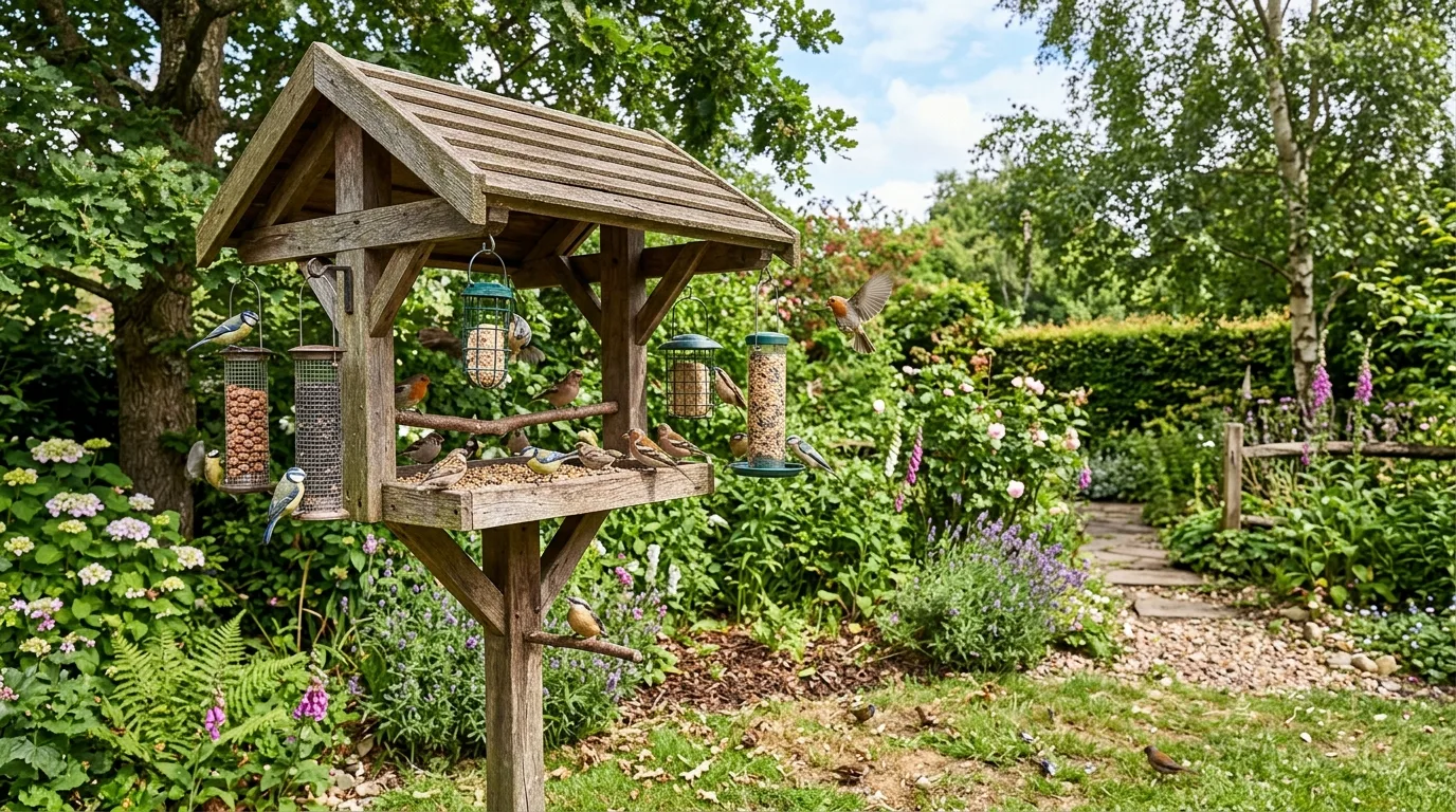 Wooden wildlife feeding station in a garden with bird feeders and visiting birds.