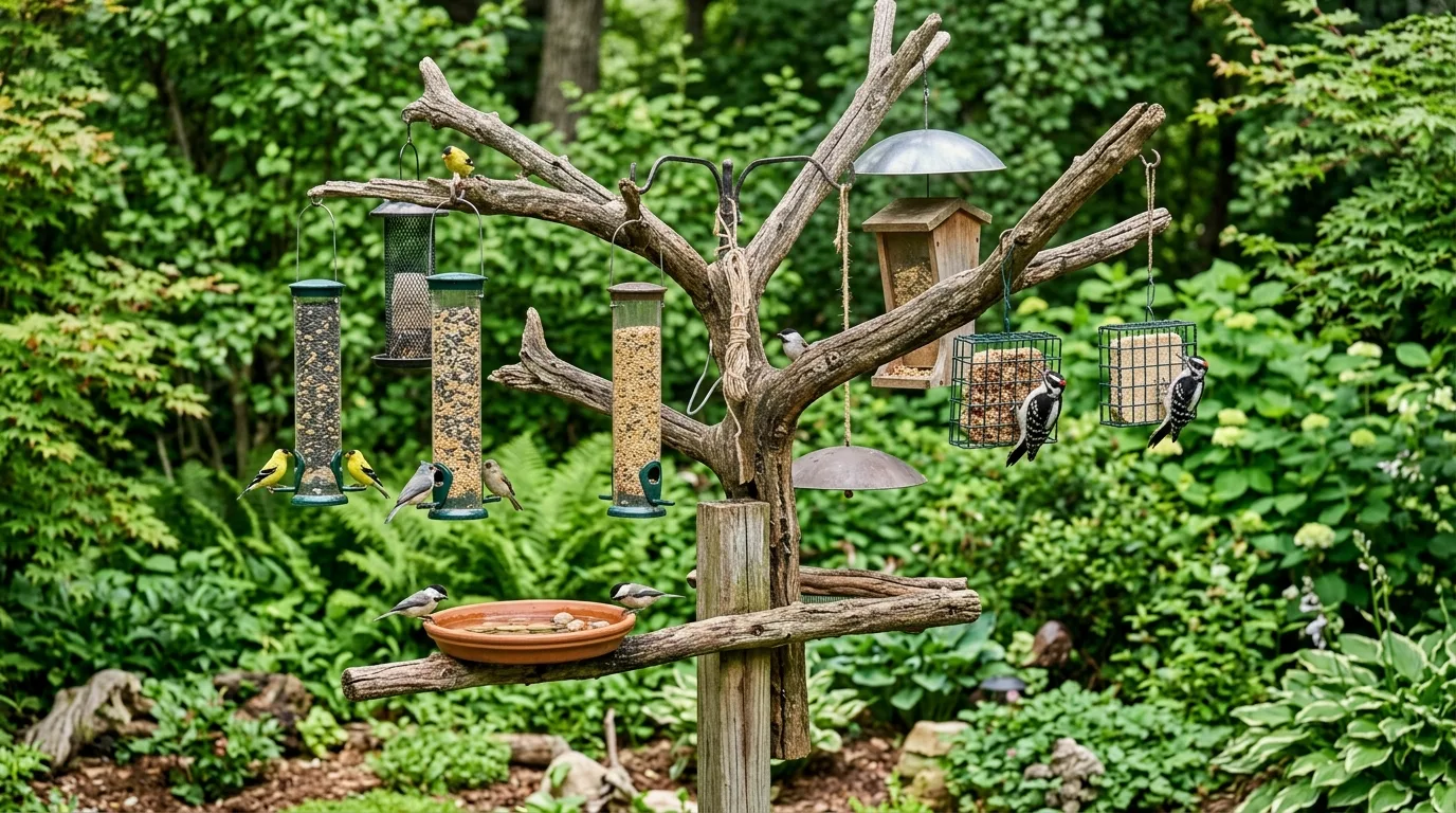 Backyard feeding station with seed feeders, suet blocks, and water tray on branch structure.