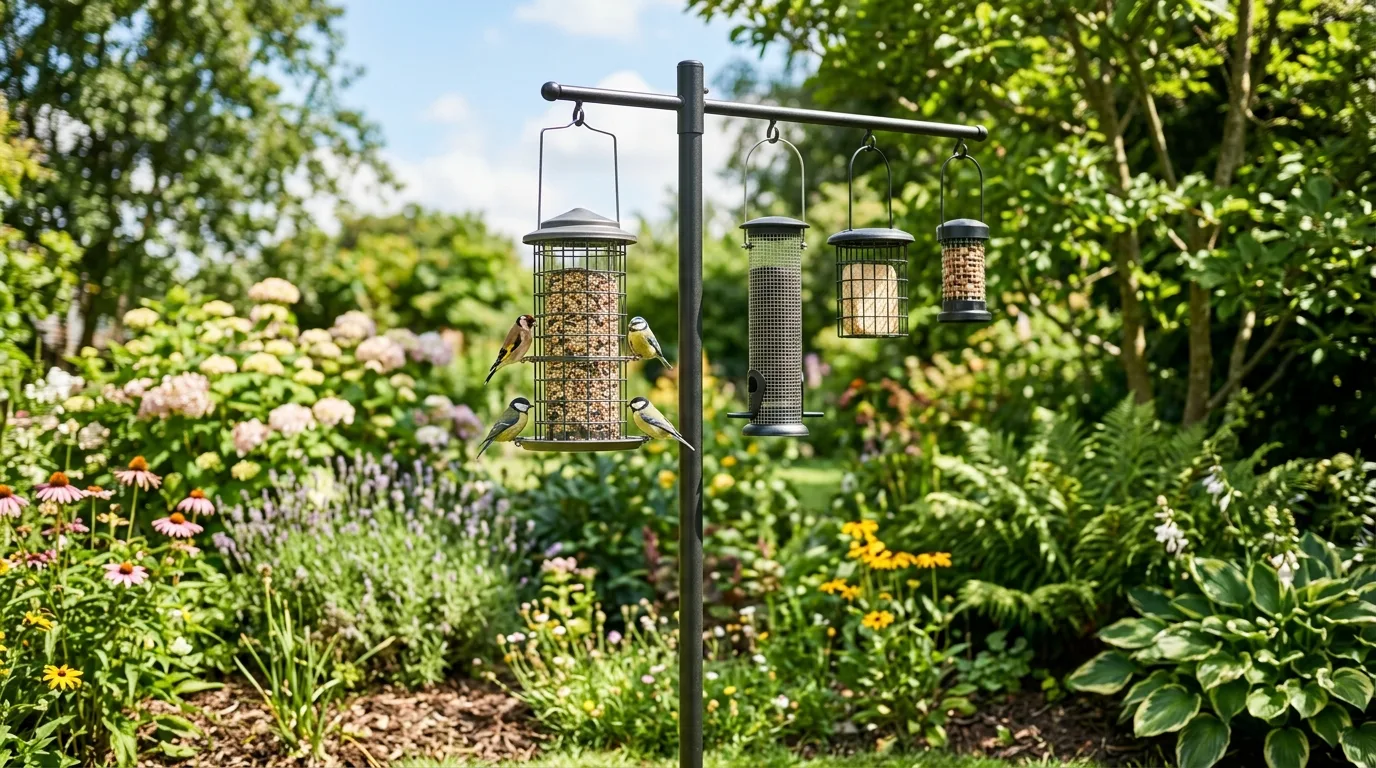 Modern wildlife feeding station on a metal pole with squirrel-proof feeders.