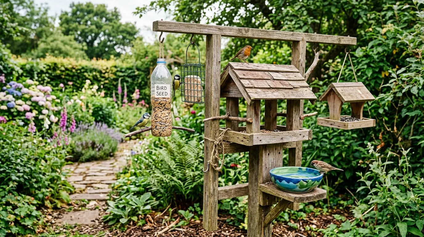 DIY wooden bird feeding station made from recycled materials with bird bath.