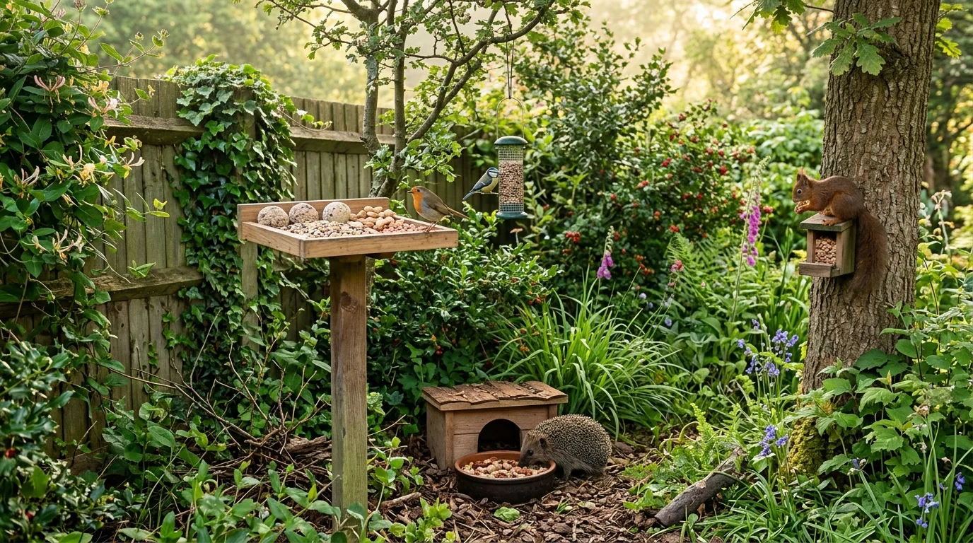 Garden wildlife corner with feeders for birds, hedgehogs, and small critters near shrubs.
