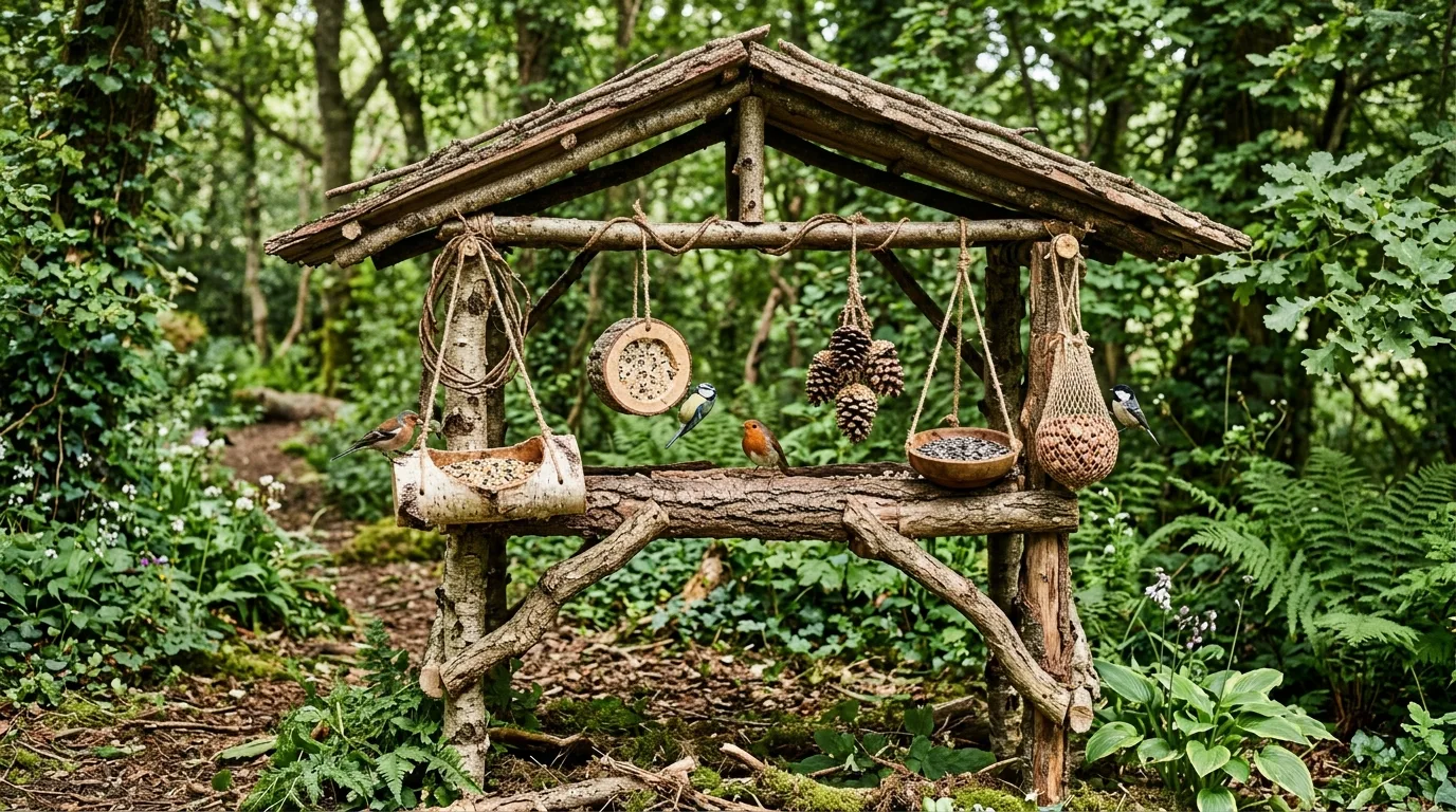 Rustic wildlife feeding station made from tree branches with hanging seed containers.