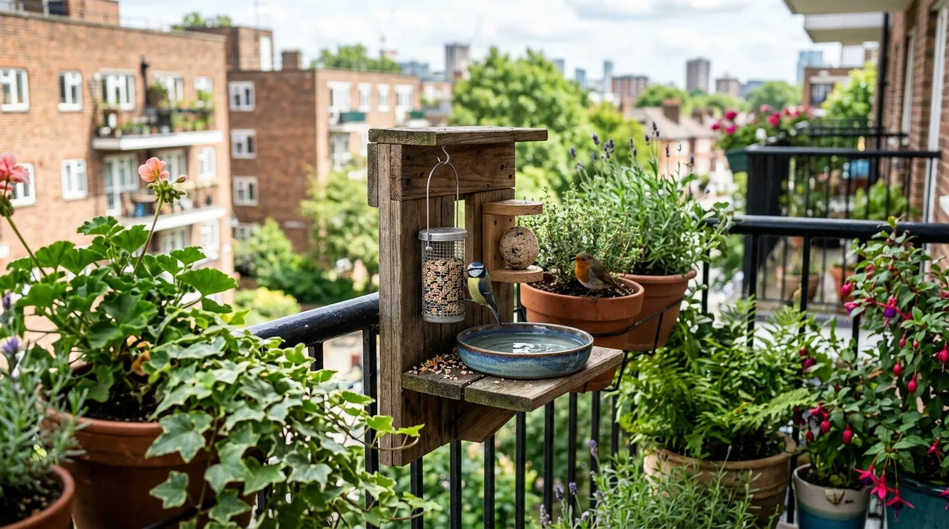 Compact balcony wildlife feeding station with small feeders and water dish.