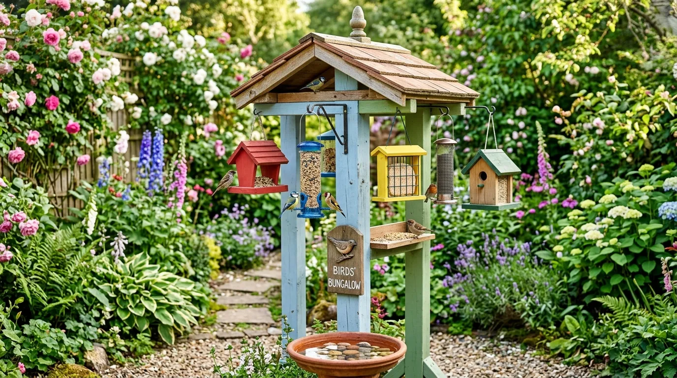 Decorative garden feeding station with painted posts and colorful bird feeders.