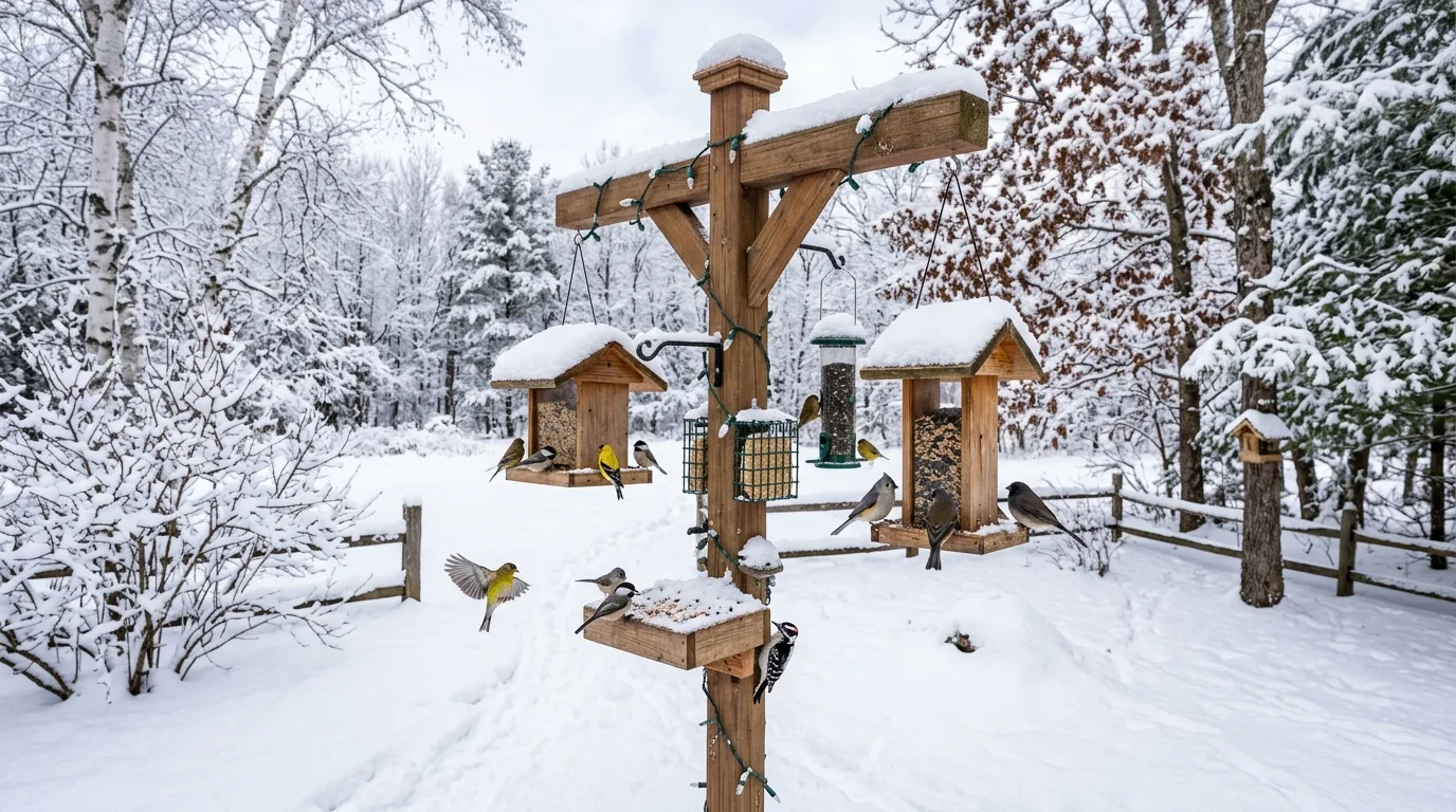 Winter wildlife feeding station with snow-covered surroundings and birds feeding.