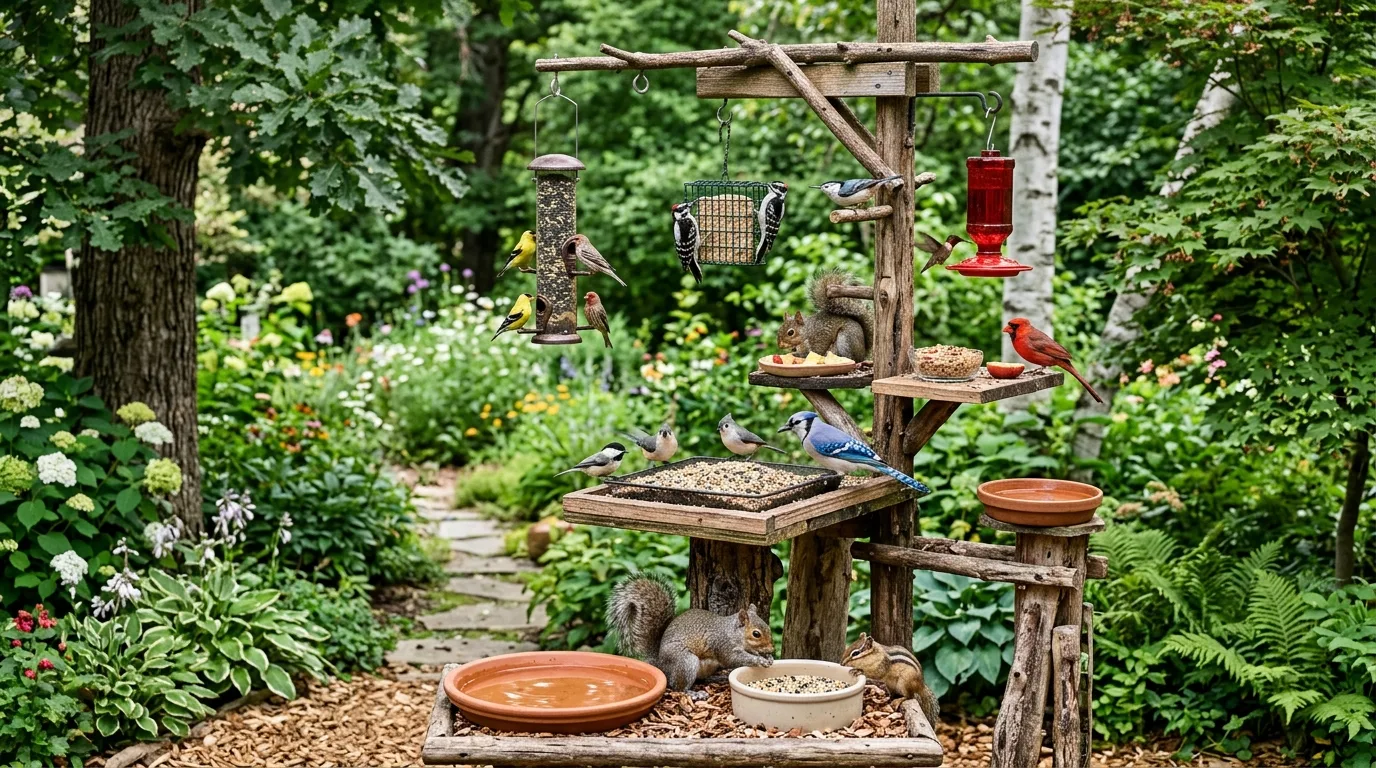Multi-level wildlife feeding station with platforms, hanging feeders, and water bowls.